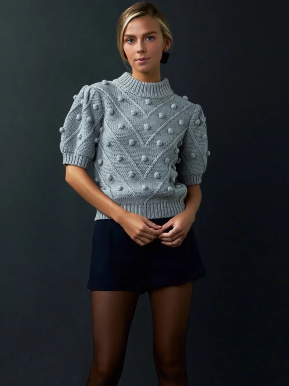 English factory pom pom puff sleeve sweater gray size small